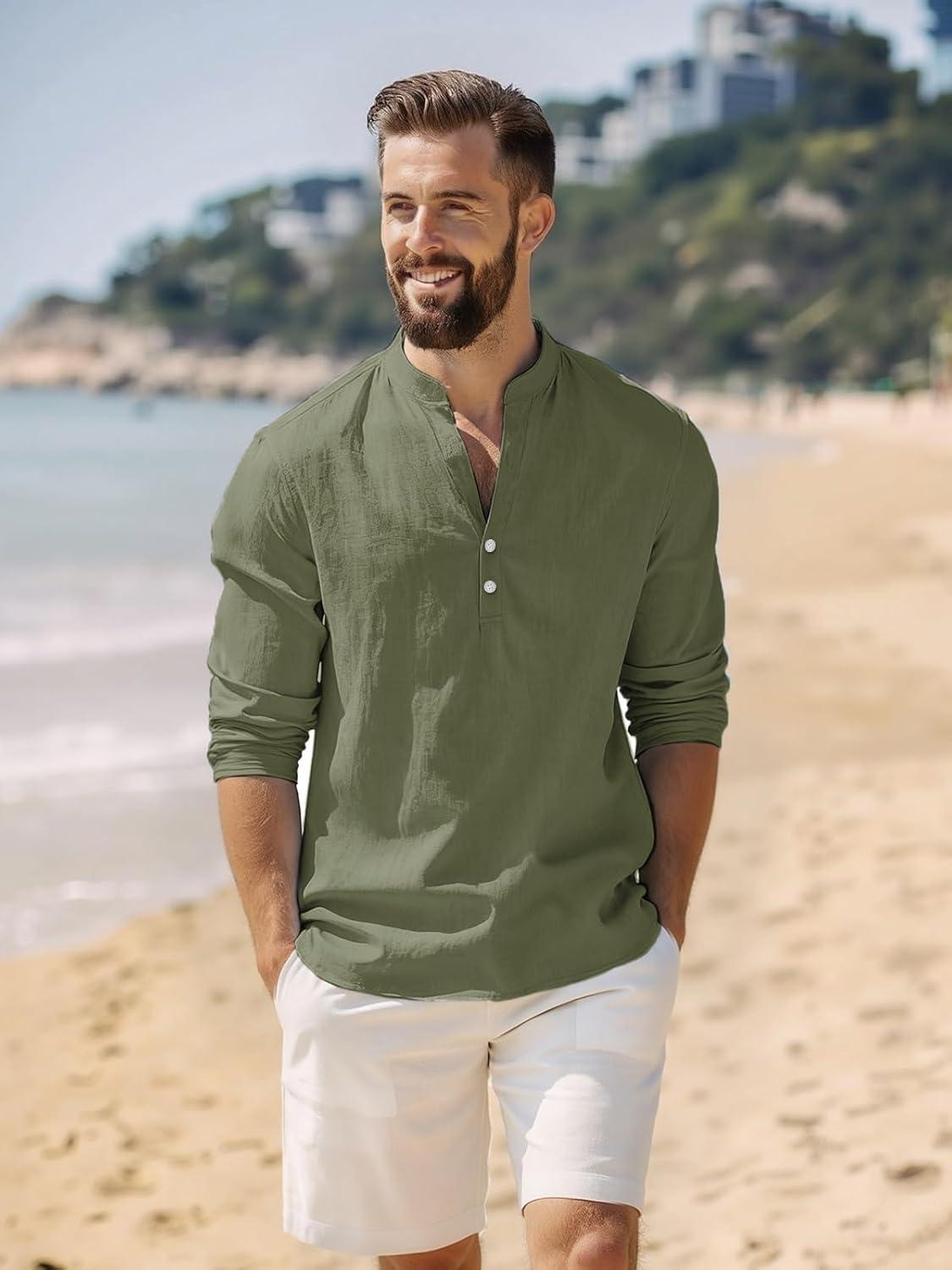 imageMens Linen Henley Shirts Casual Long Sleeve Hippie Yoga Tops Lightweight Summer Beach TShirtArmy Green