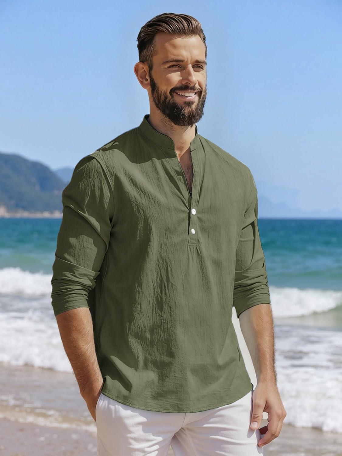 imageMens Linen Henley Shirts Casual Long Sleeve Hippie Yoga Tops Lightweight Summer Beach TShirtArmy Green