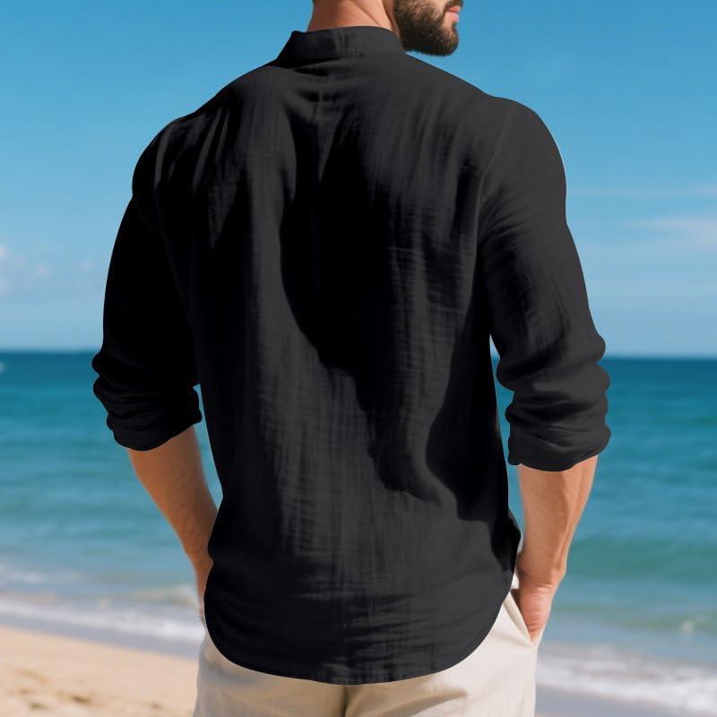 imageMens Linen Henley Shirts Casual Long Sleeve Hippie Yoga Tops Lightweight Summer Beach TShirtBlack