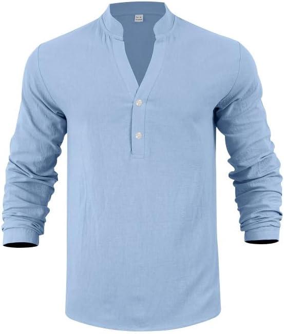 imageMens Linen Henley Shirts Casual Long Sleeve Hippie Yoga Tops Lightweight Summer Beach TShirtBlack