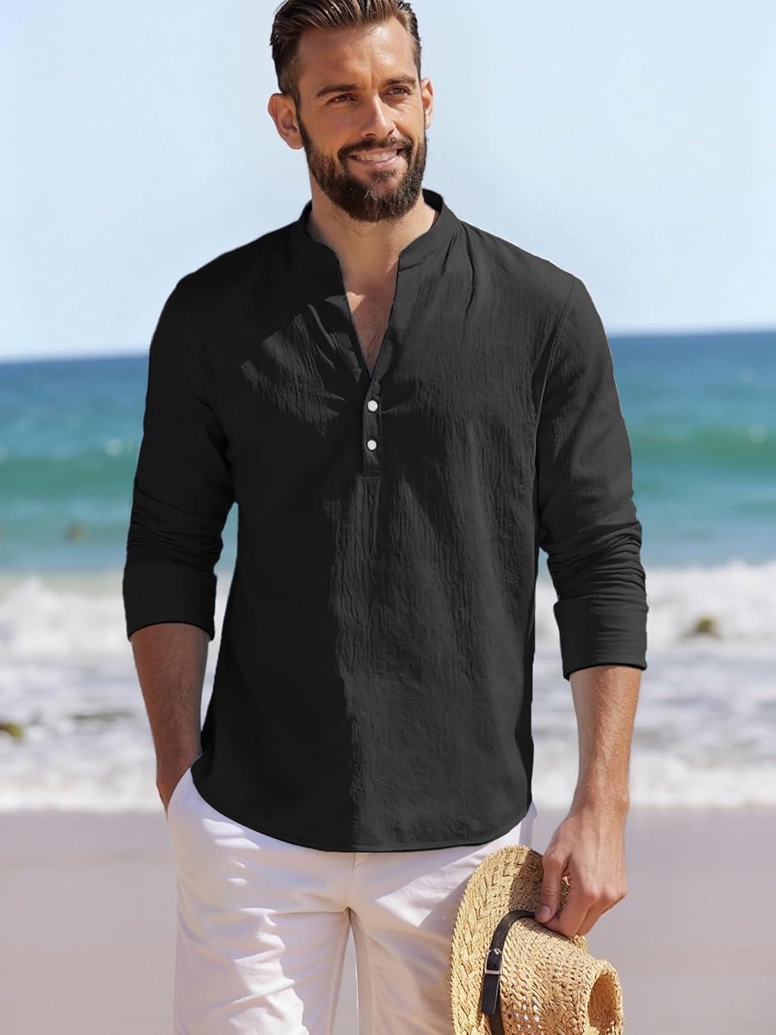 imageMens Linen Henley Shirts Casual Long Sleeve Hippie Yoga Tops Lightweight Summer Beach TShirtBlack