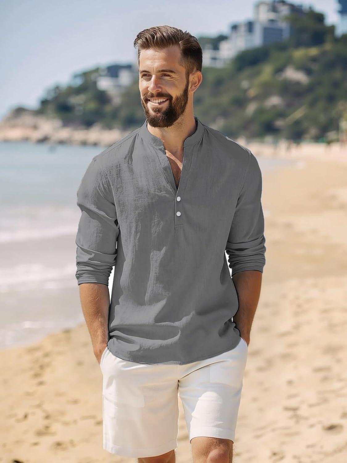 imageMens Linen Henley Shirts Casual Long Sleeve Hippie Yoga Tops Lightweight Summer Beach TShirtGrey