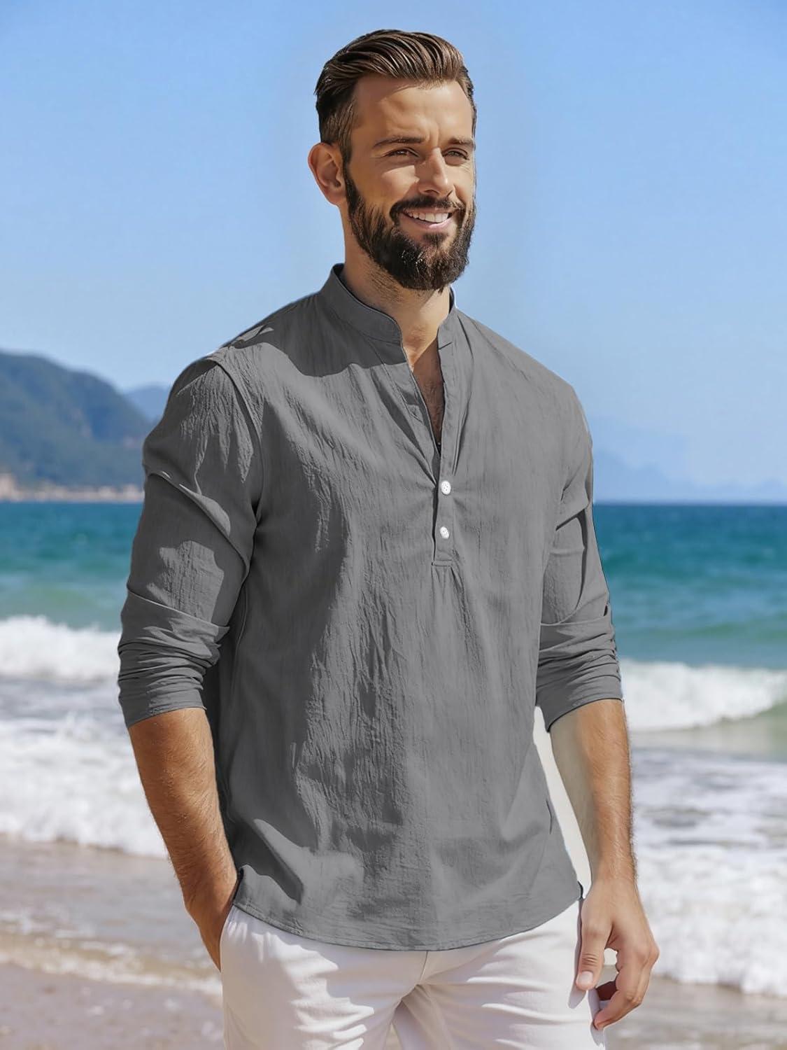 imageMens Linen Henley Shirts Casual Long Sleeve Hippie Yoga Tops Lightweight Summer Beach TShirtGrey