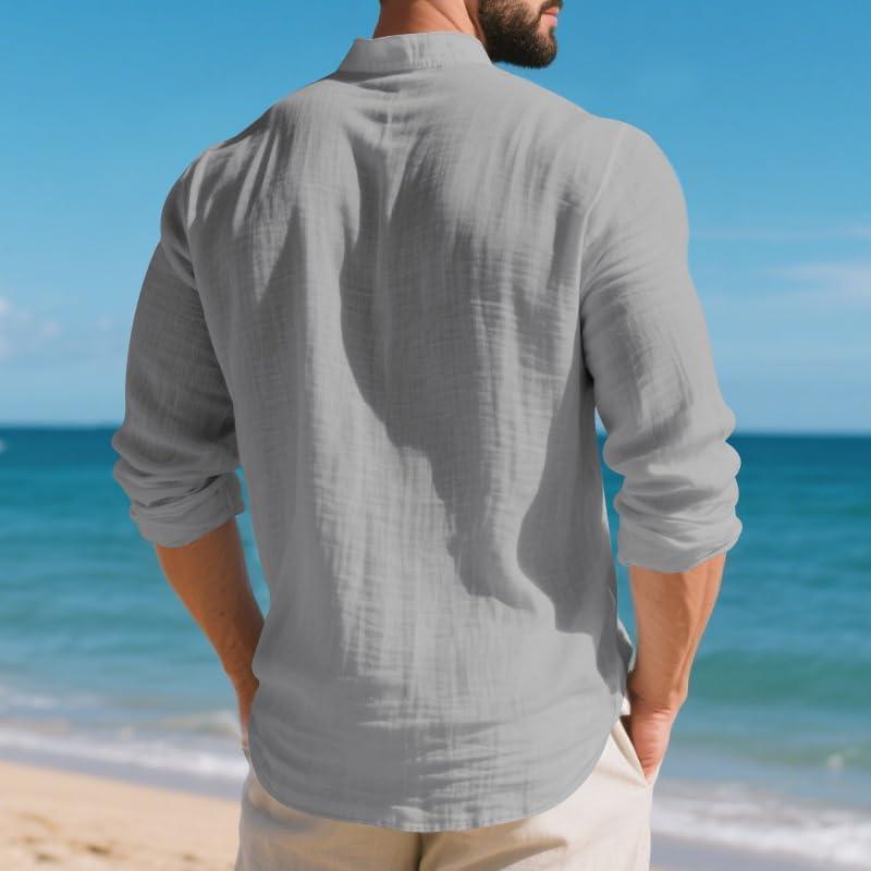 imageMens Linen Henley Shirts Casual Long Sleeve Hippie Yoga Tops Lightweight Summer Beach TShirtGrey