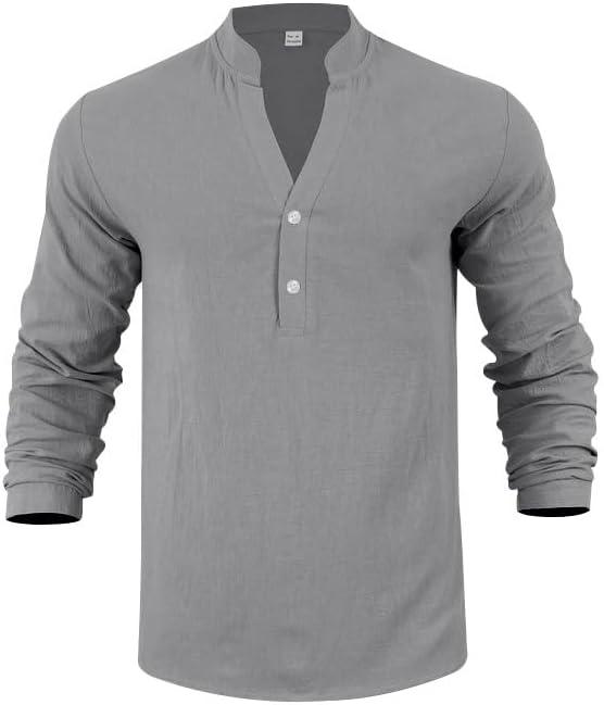 imageMens Linen Henley Shirts Casual Long Sleeve Hippie Yoga Tops Lightweight Summer Beach TShirtGrey