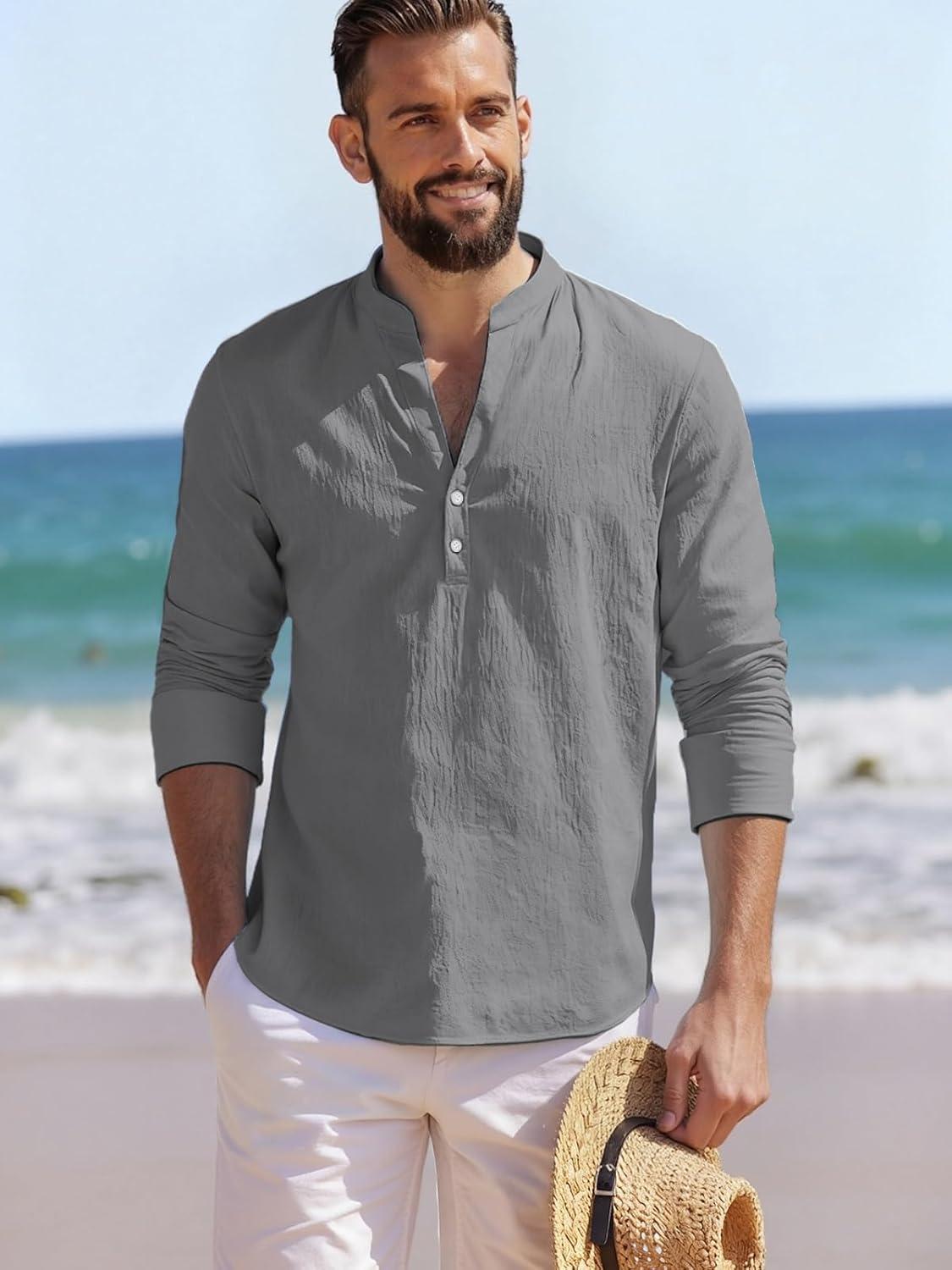 imageMens Linen Henley Shirts Casual Long Sleeve Hippie Yoga Tops Lightweight Summer Beach TShirtGrey