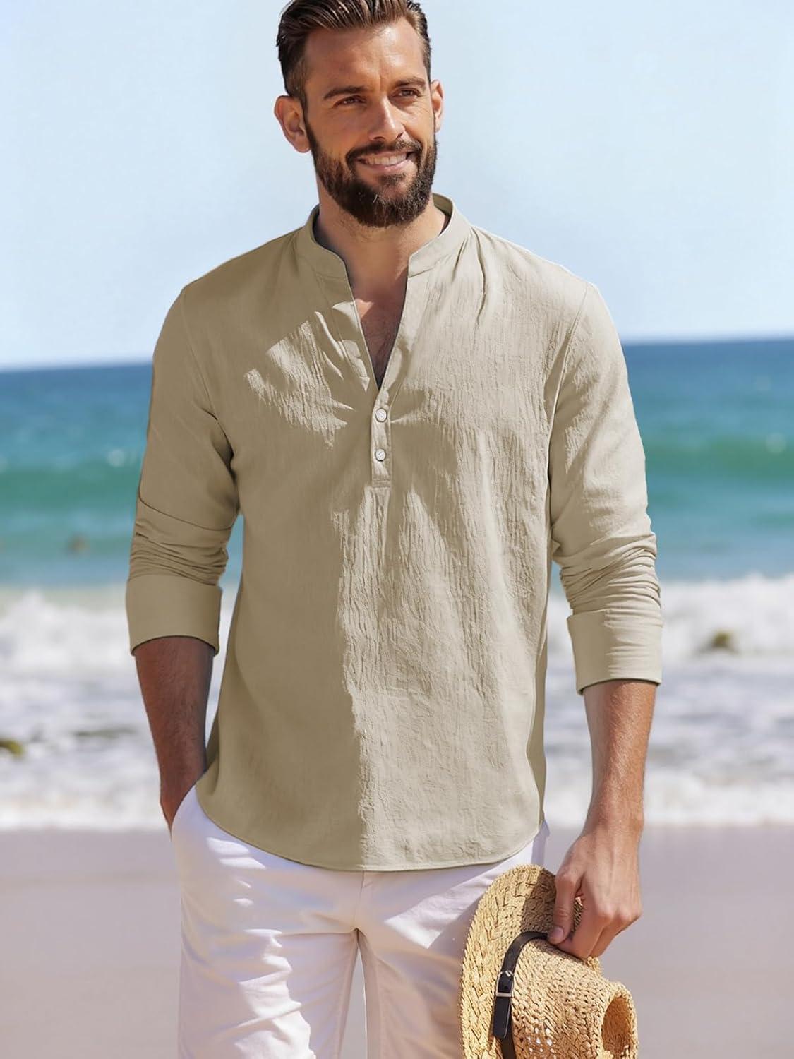 imageMens Linen Henley Shirts Casual Long Sleeve Hippie Yoga Tops Lightweight Summer Beach TShirtKhaki