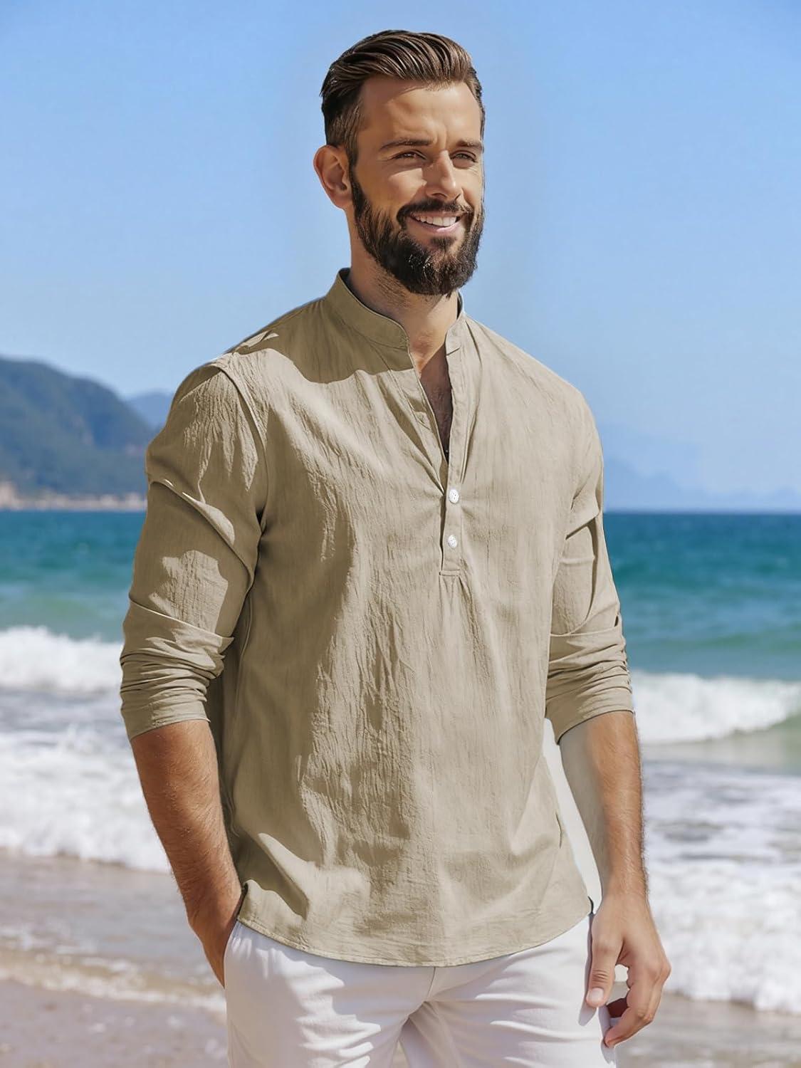 imageMens Linen Henley Shirts Casual Long Sleeve Hippie Yoga Tops Lightweight Summer Beach TShirtKhaki