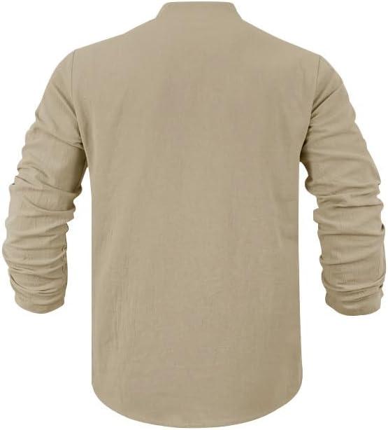 imageMens Linen Henley Shirts Casual Long Sleeve Hippie Yoga Tops Lightweight Summer Beach TShirtKhaki