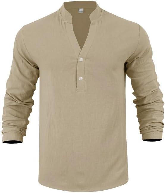 imageMens Linen Henley Shirts Casual Long Sleeve Hippie Yoga Tops Lightweight Summer Beach TShirtKhaki