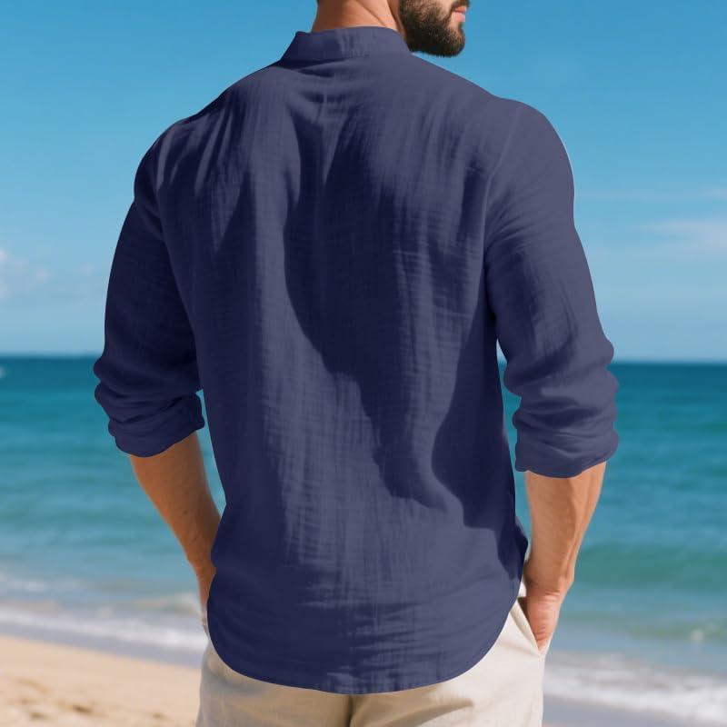 imageMens Linen Henley Shirts Casual Long Sleeve Hippie Yoga Tops Lightweight Summer Beach TShirtNavy