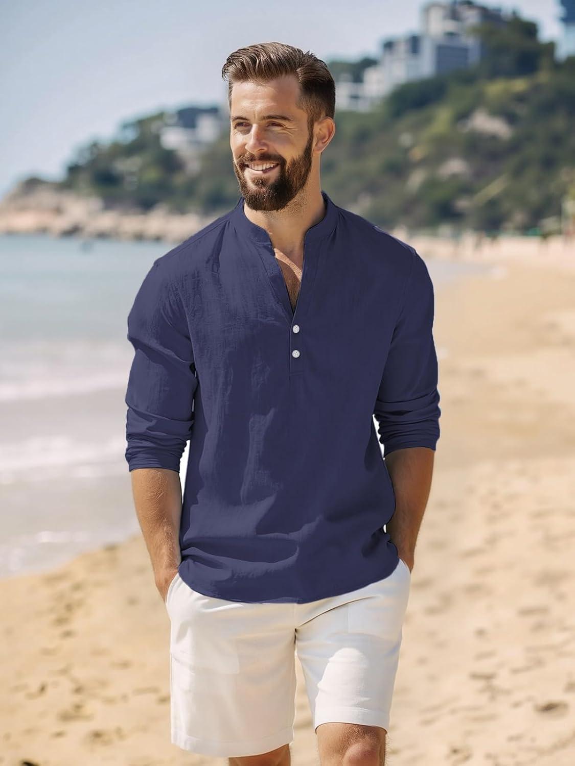 imageMens Linen Henley Shirts Casual Long Sleeve Hippie Yoga Tops Lightweight Summer Beach TShirtNavy