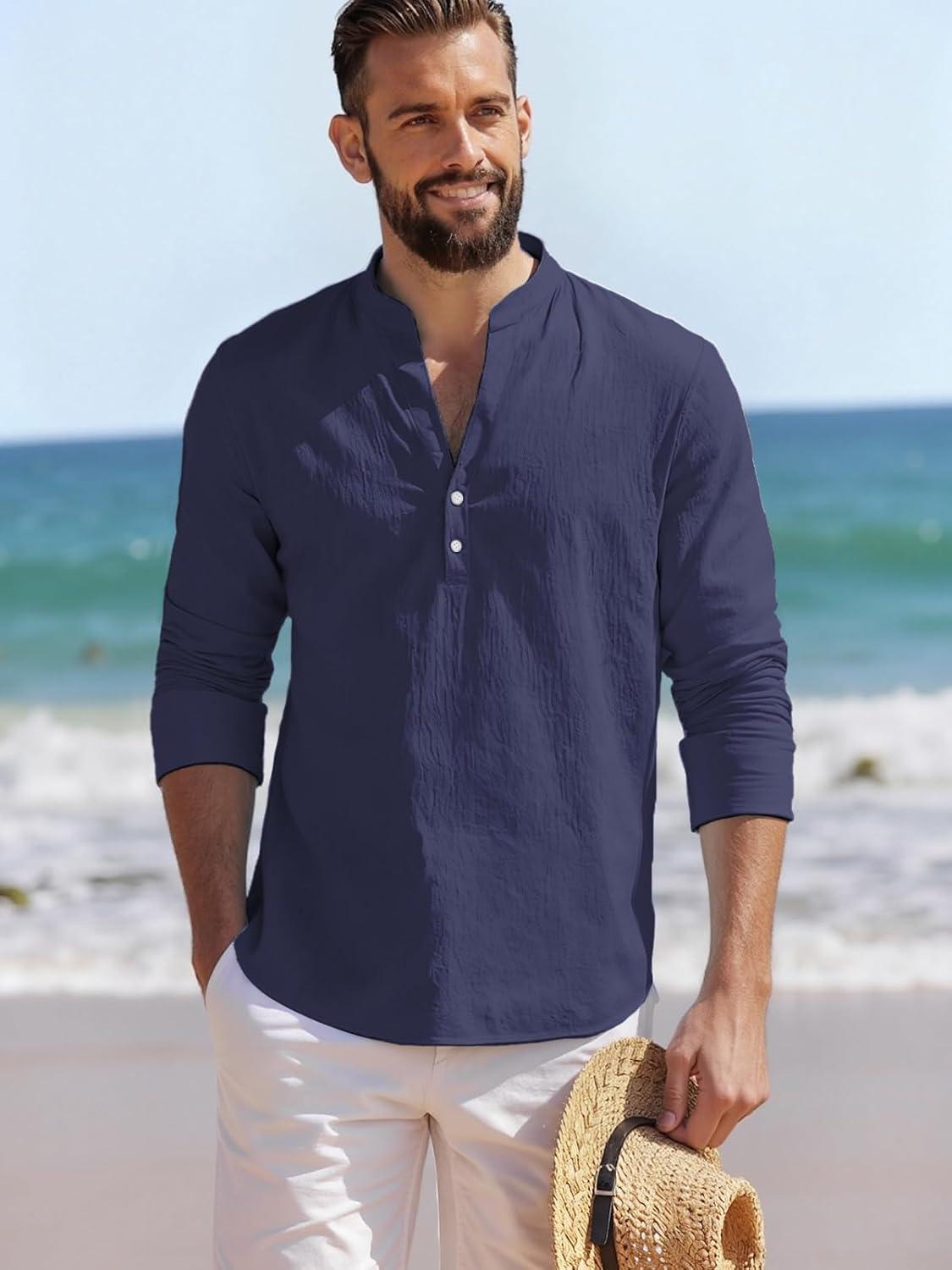 imageMens Linen Henley Shirts Casual Long Sleeve Hippie Yoga Tops Lightweight Summer Beach TShirtNavy