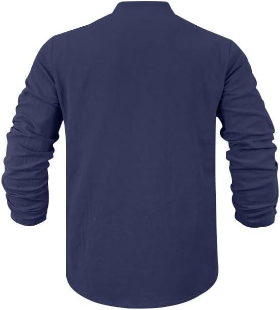 imageMens Linen Henley Shirts Casual Long Sleeve Hippie Yoga Tops Lightweight Summer Beach TShirtNavy