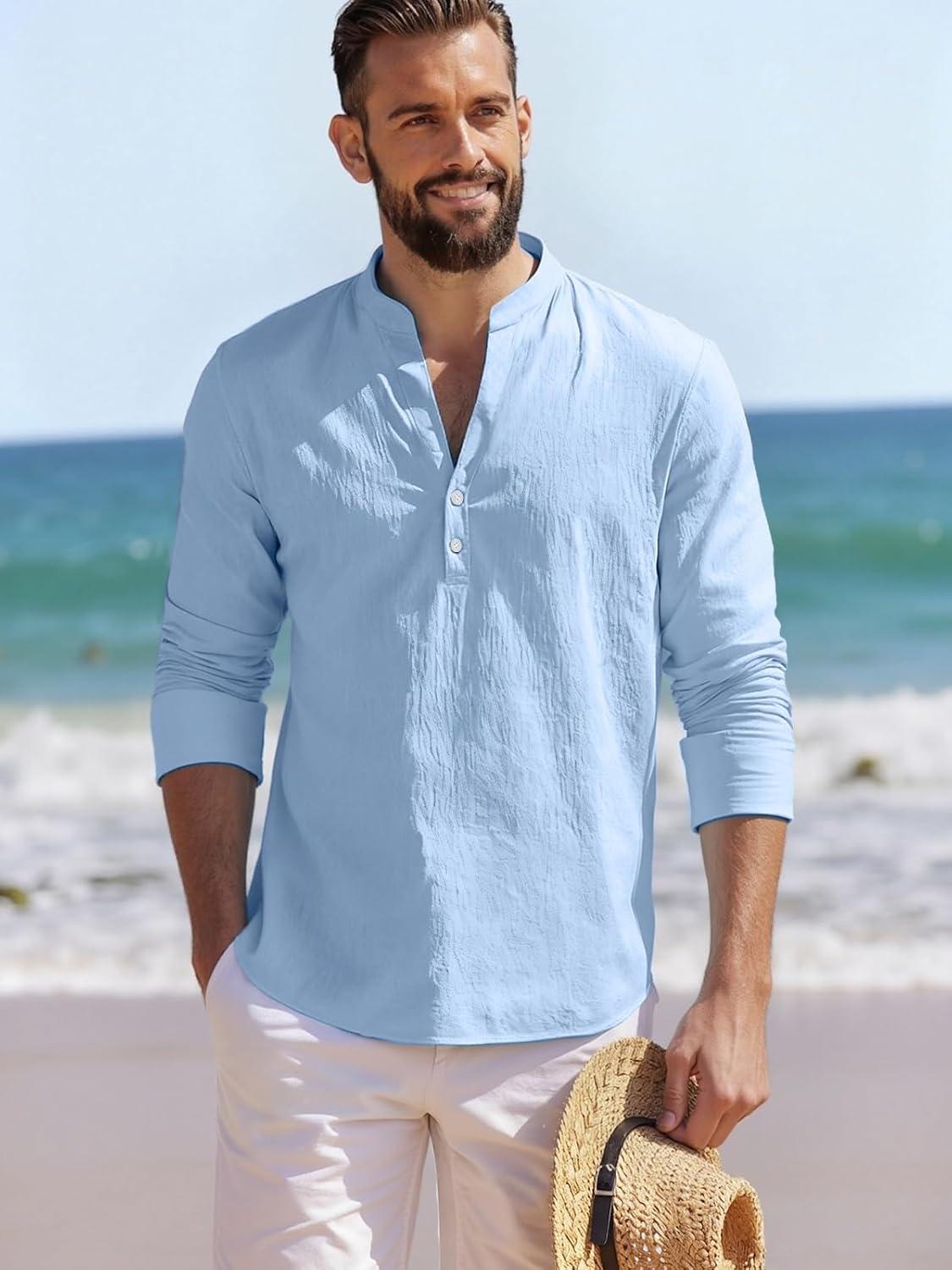 imageMens Linen Henley Shirts Casual Long Sleeve Hippie Yoga Tops Lightweight Summer Beach TShirtSky Blue