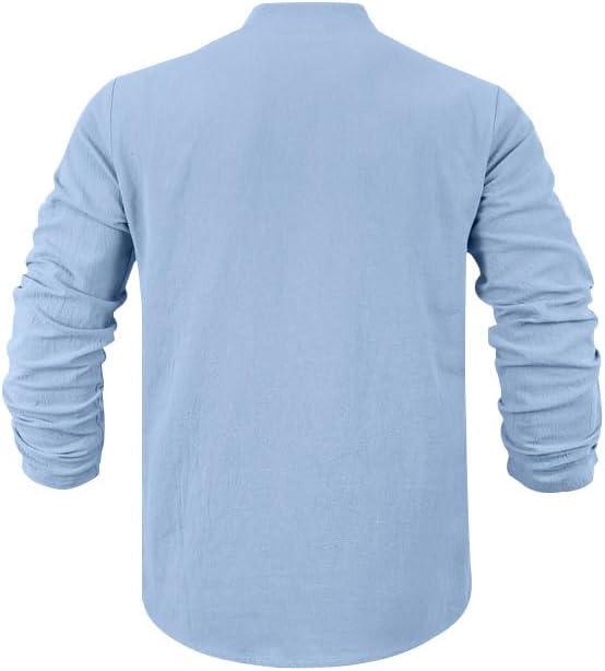 imageMens Linen Henley Shirts Casual Long Sleeve Hippie Yoga Tops Lightweight Summer Beach TShirtSky Blue