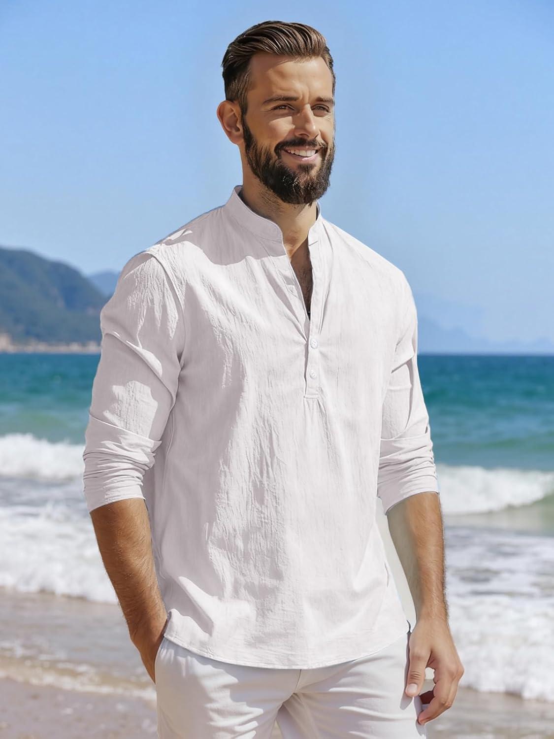 imageMens Linen Henley Shirts Casual Long Sleeve Hippie Yoga Tops Lightweight Summer Beach TShirtWhite