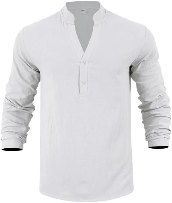 imageMens Linen Henley Shirts Casual Long Sleeve Hippie Yoga Tops Lightweight Summer Beach TShirtWhite
