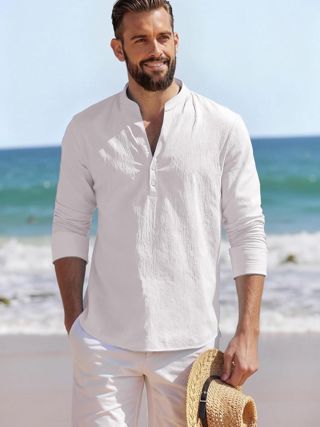 imageMens Linen Henley Shirts Casual Long Sleeve Hippie Yoga Tops Lightweight Summer Beach TShirtWhite