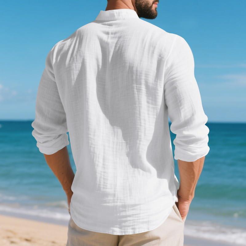 imageMens Linen Henley Shirts Casual Long Sleeve Hippie Yoga Tops Lightweight Summer Beach TShirtWhite