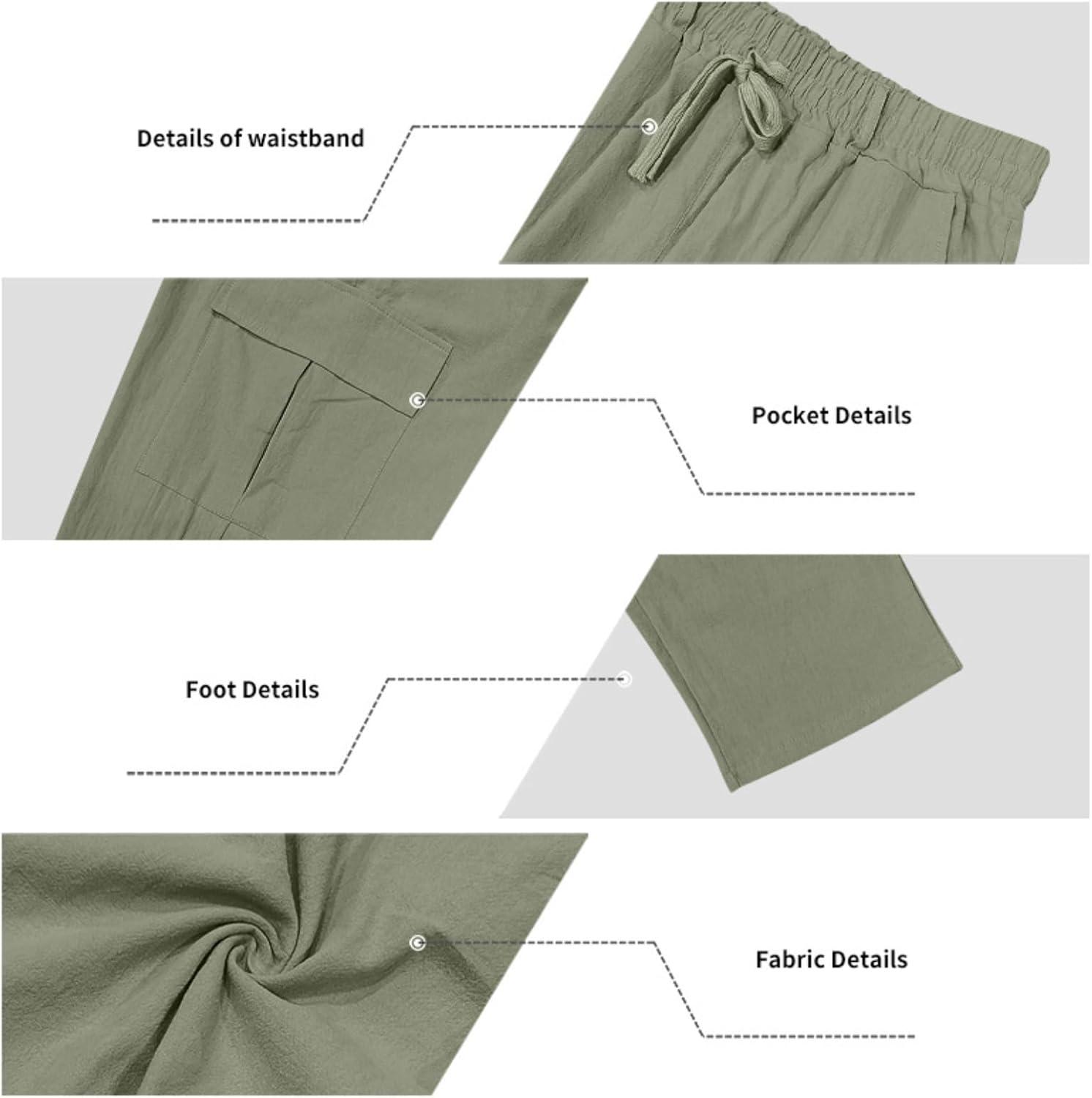imageMens Linen Pants Casual Cargo Pants Elastic Drawstring Waist StraightLegs Summer Yoga Beach Long Pants with PocketsArmy Green