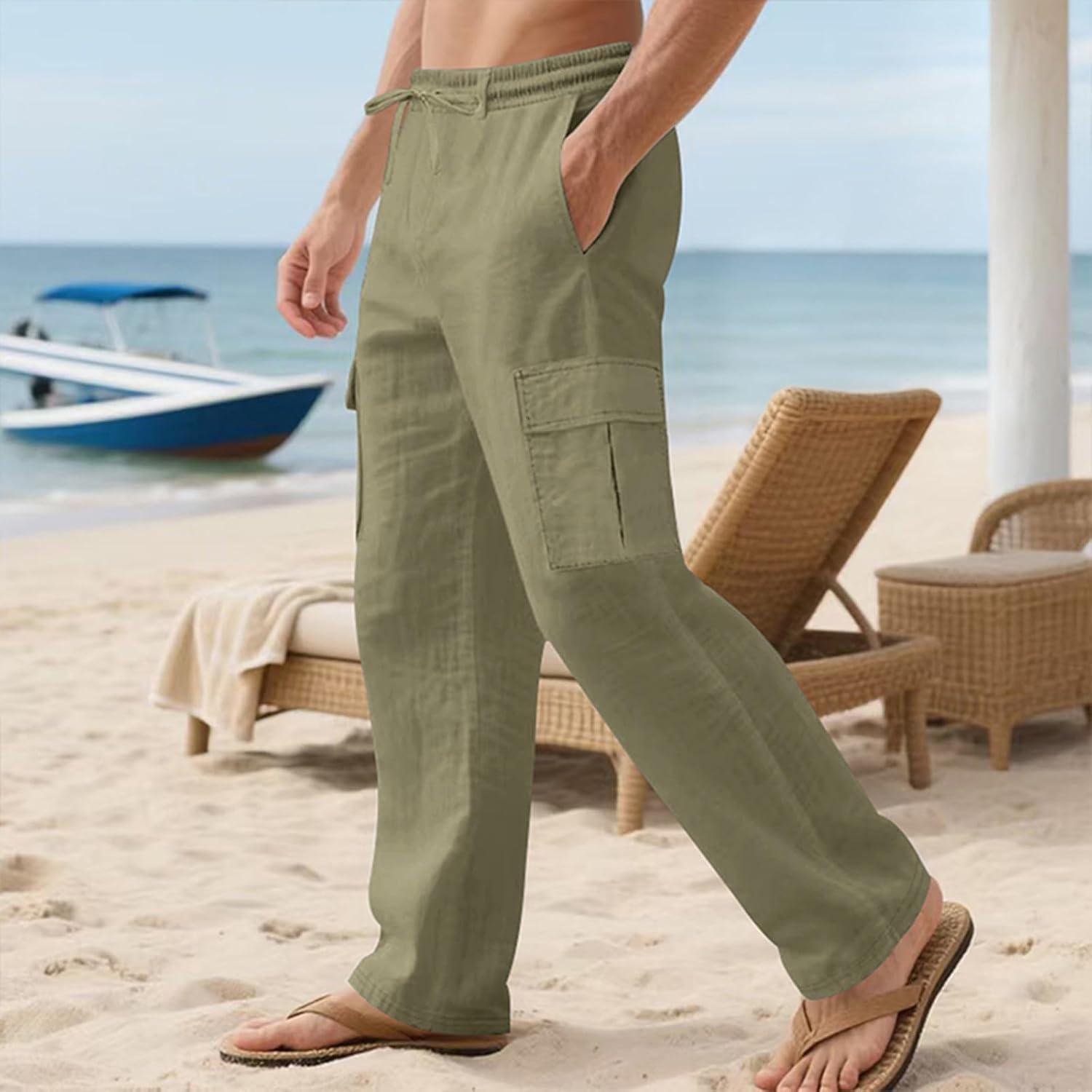 imageMens Linen Pants Casual Cargo Pants Elastic Drawstring Waist StraightLegs Summer Yoga Beach Long Pants with PocketsArmy Green