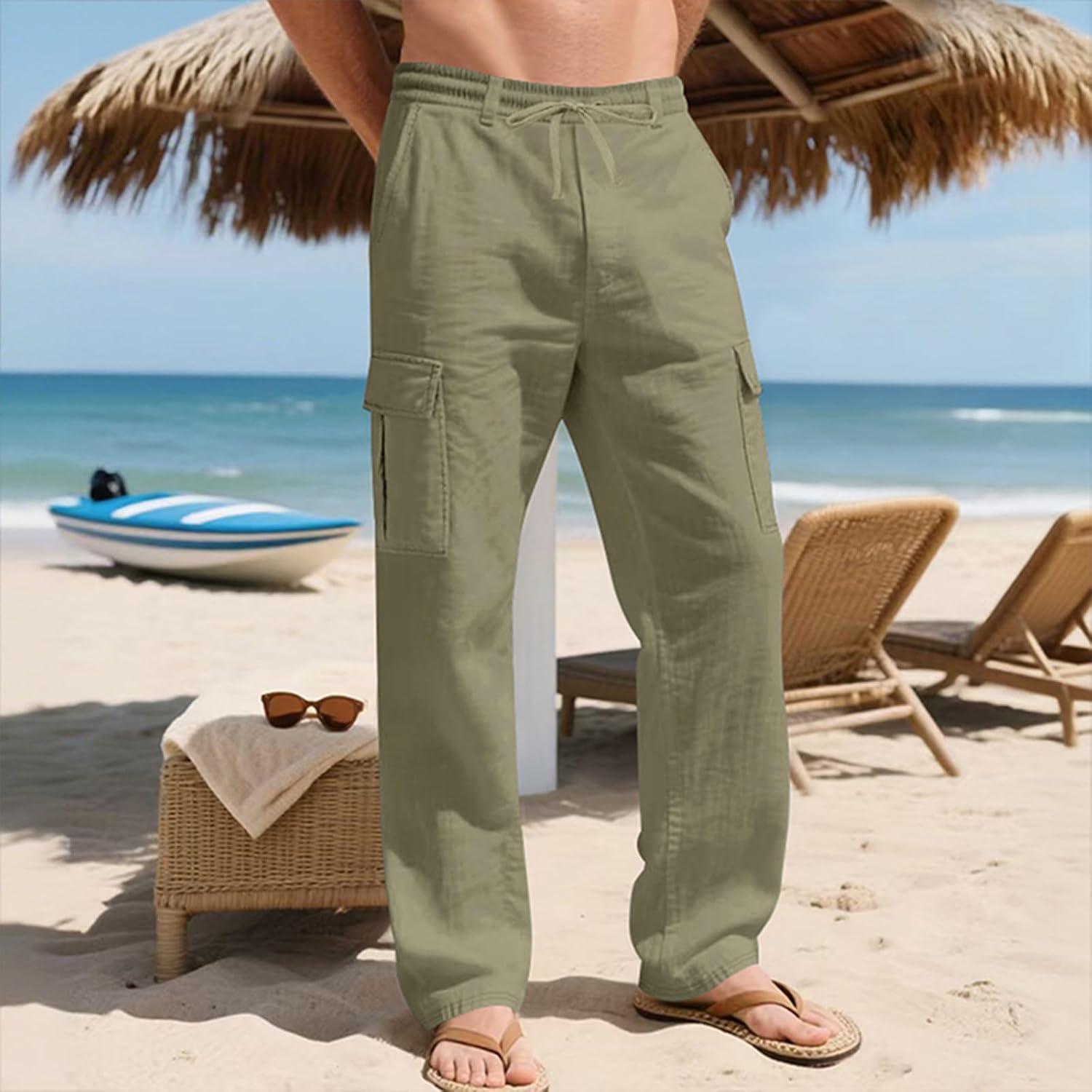 imageMens Linen Pants Casual Cargo Pants Elastic Drawstring Waist StraightLegs Summer Yoga Beach Long Pants with PocketsArmy Green