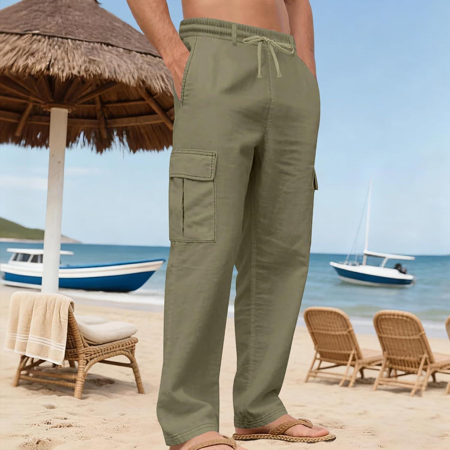 imageMens Linen Pants Casual Cargo Pants Elastic Drawstring Waist StraightLegs Summer Yoga Beach Long Pants with PocketsArmy Green