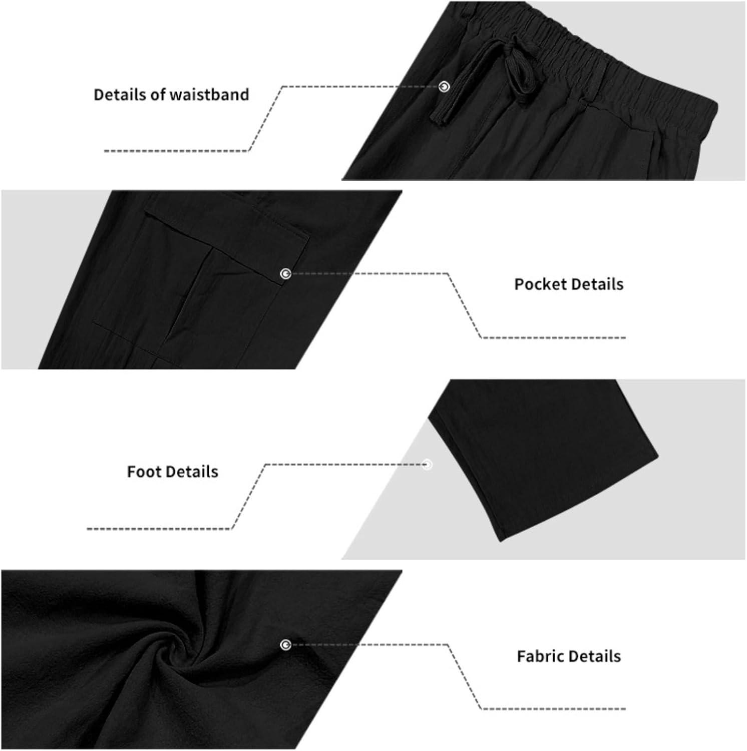 imageMens Linen Pants Casual Cargo Pants Elastic Drawstring Waist StraightLegs Summer Yoga Beach Long Pants with PocketsBlack