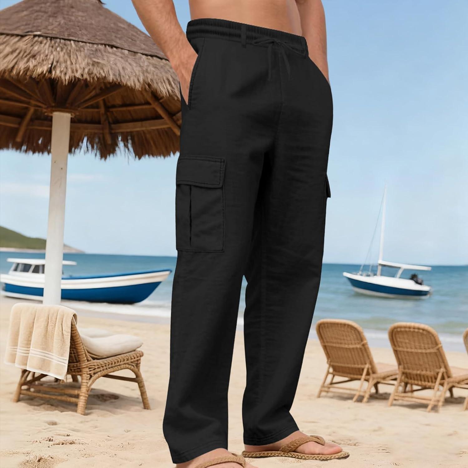 imageMens Linen Pants Casual Cargo Pants Elastic Drawstring Waist StraightLegs Summer Yoga Beach Long Pants with PocketsBlack