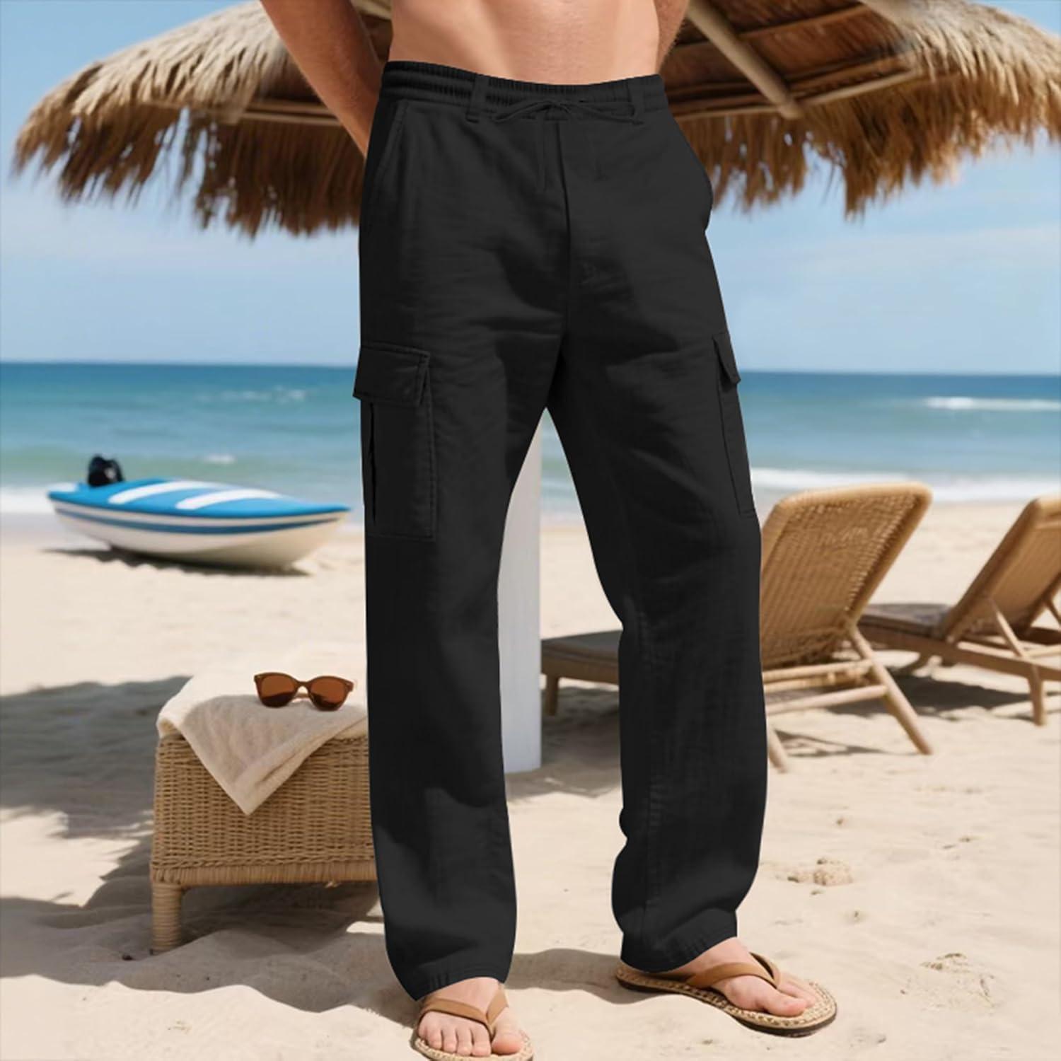 imageMens Linen Pants Casual Cargo Pants Elastic Drawstring Waist StraightLegs Summer Yoga Beach Long Pants with PocketsBlack
