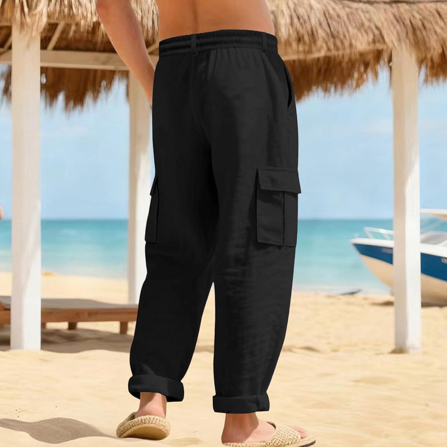 imageMens Linen Pants Casual Cargo Pants Elastic Drawstring Waist StraightLegs Summer Yoga Beach Long Pants with PocketsBlack