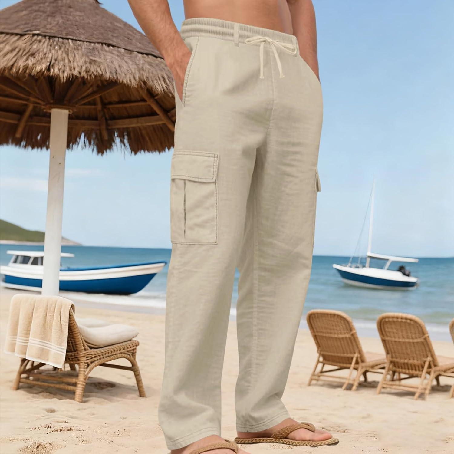 imageMens Linen Pants Casual Cargo Pants Elastic Drawstring Waist StraightLegs Summer Yoga Beach Long Pants with PocketsKhaki