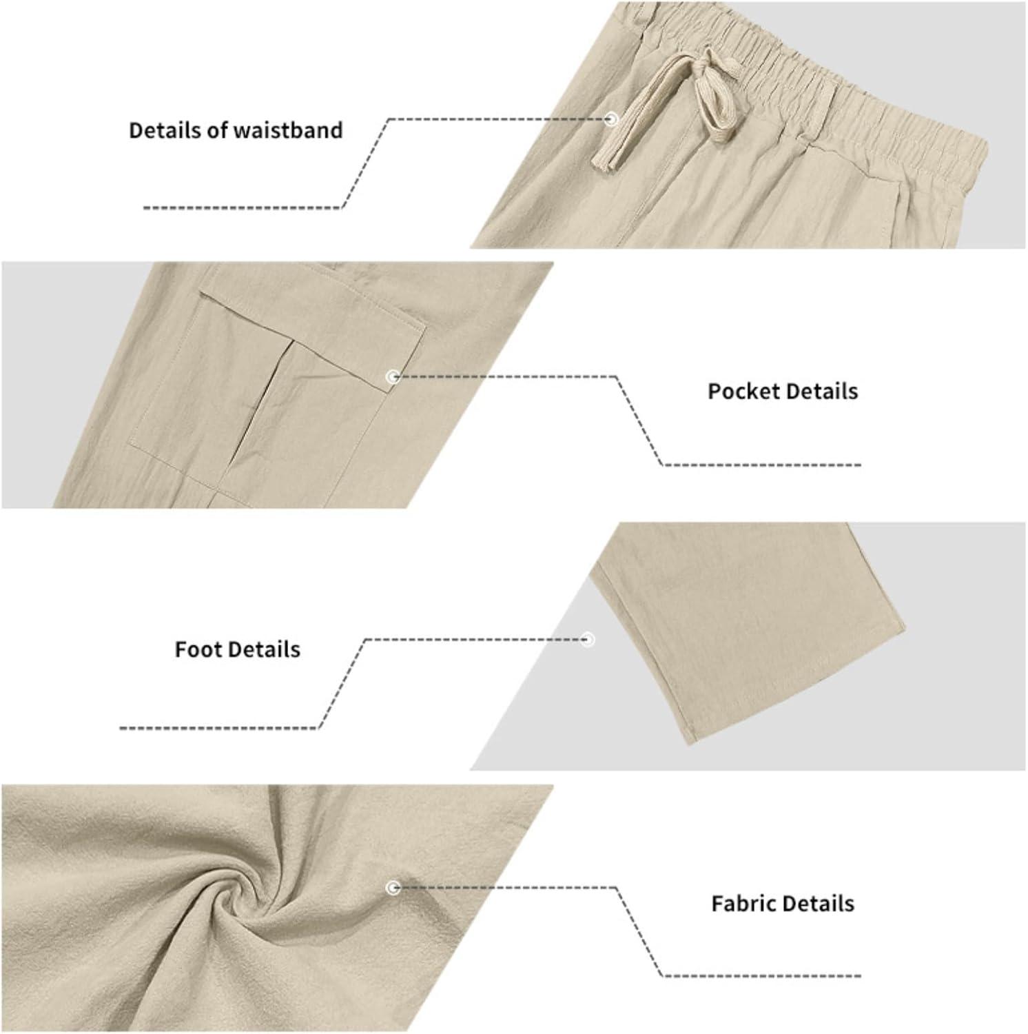 imageMens Linen Pants Casual Cargo Pants Elastic Drawstring Waist StraightLegs Summer Yoga Beach Long Pants with PocketsKhaki