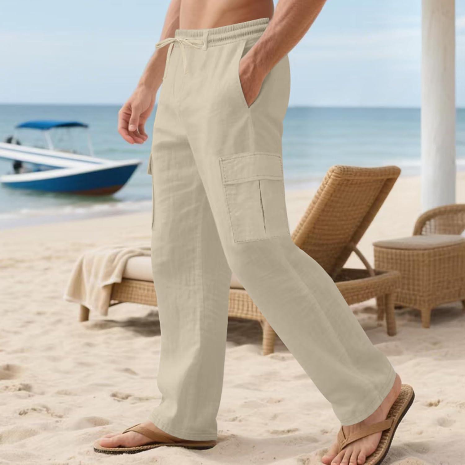 imageMens Linen Pants Casual Cargo Pants Elastic Drawstring Waist StraightLegs Summer Yoga Beach Long Pants with PocketsKhaki