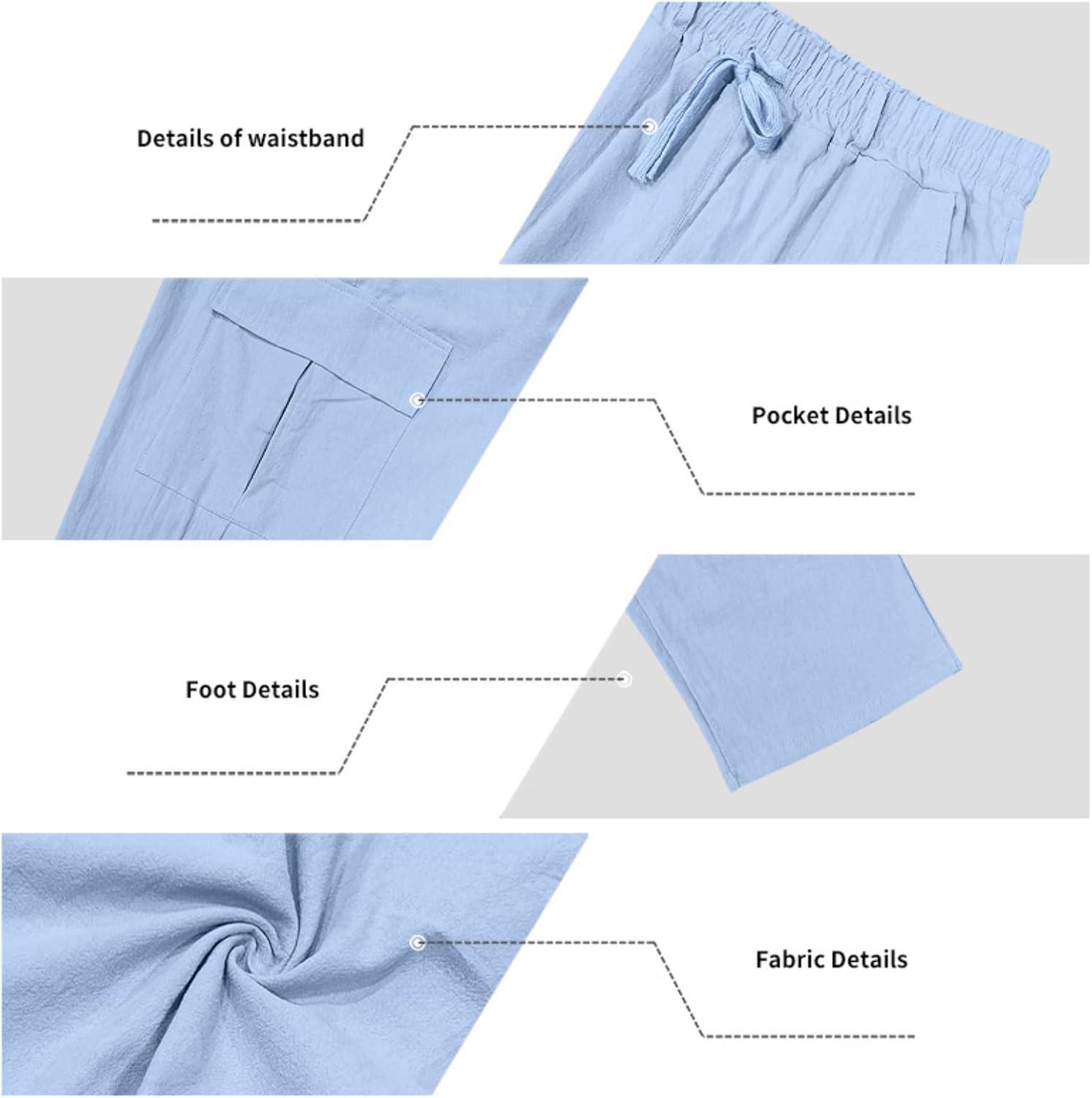 imageMens Linen Pants Casual Cargo Pants Elastic Drawstring Waist StraightLegs Summer Yoga Beach Long Pants with PocketsLight Blue