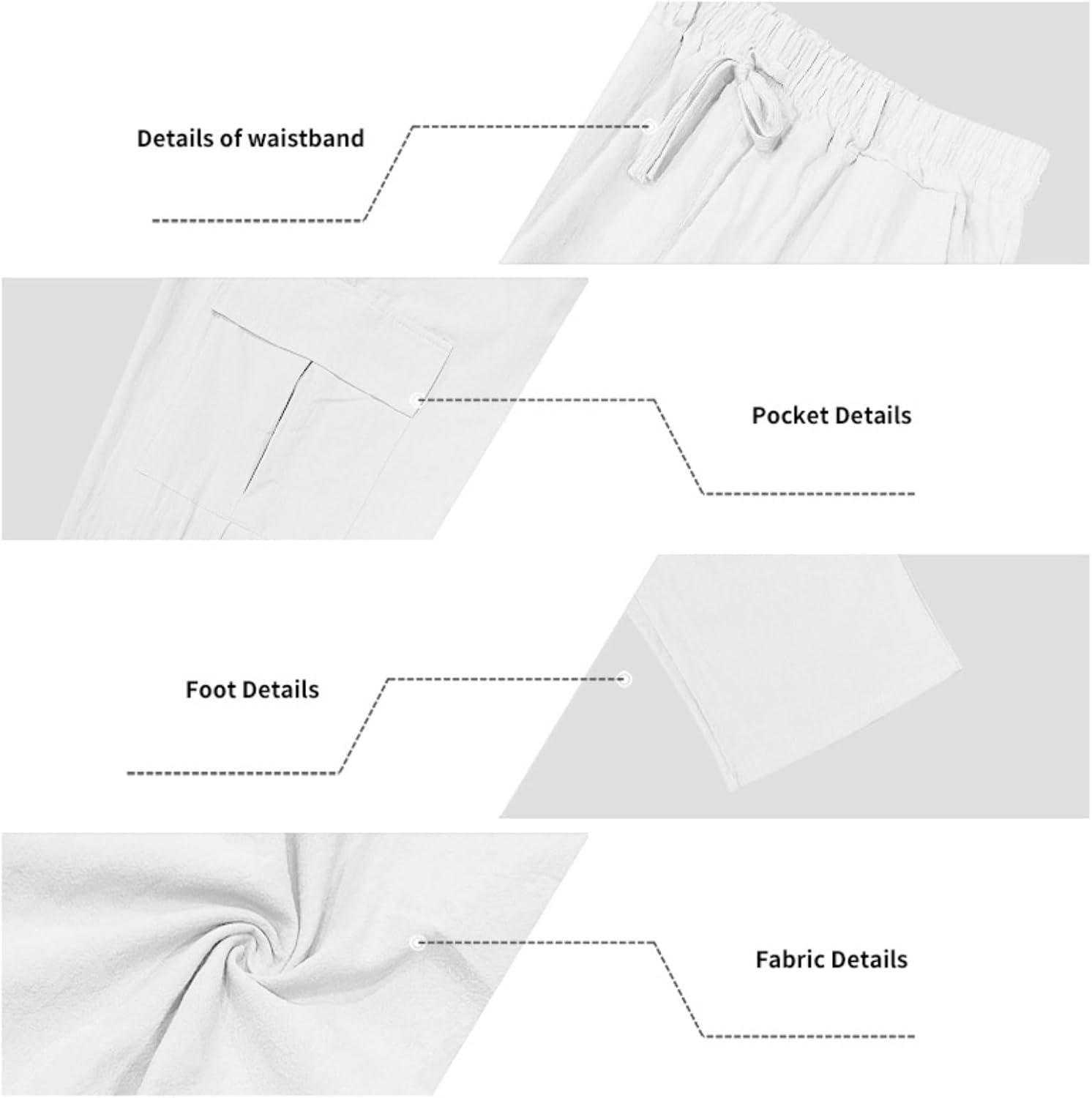 imageMens Linen Pants Casual Cargo Pants Elastic Drawstring Waist StraightLegs Summer Yoga Beach Long Pants with PocketsWhite