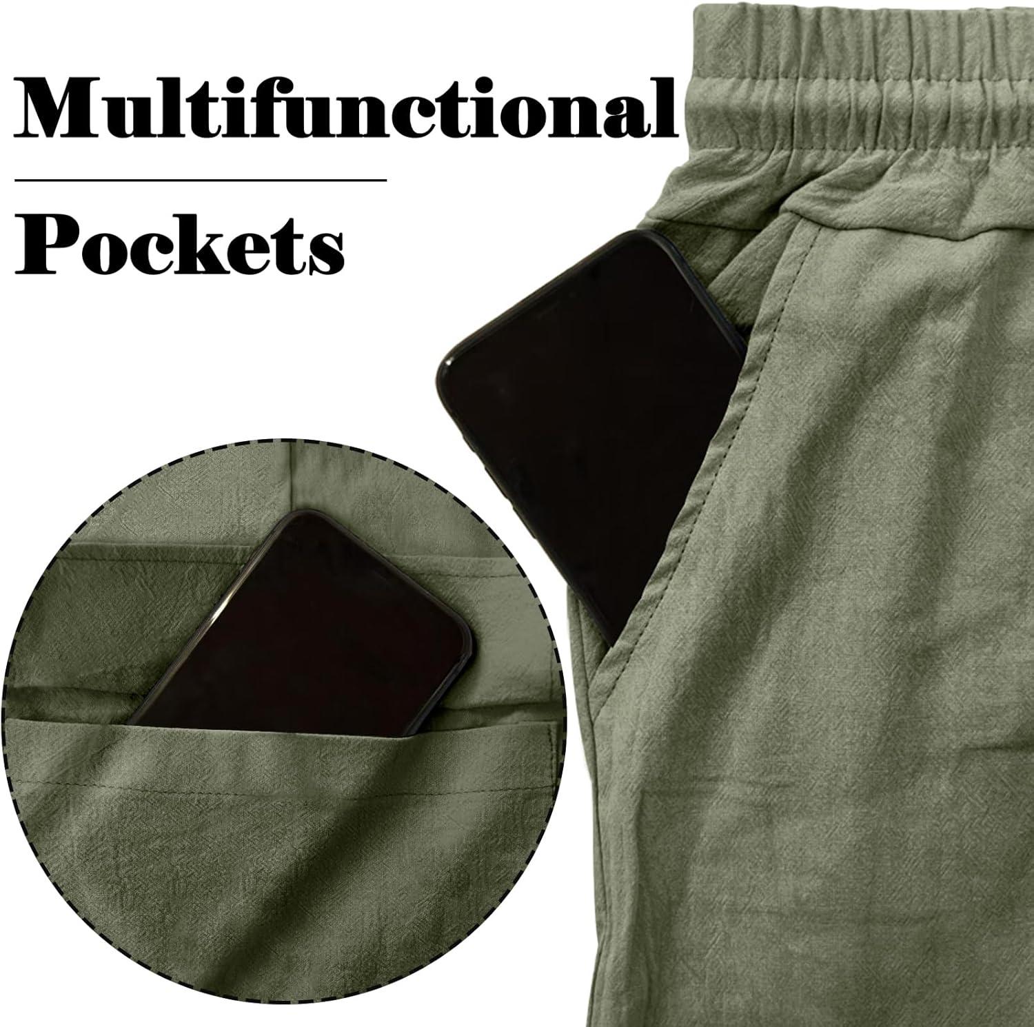 imageMens Linen Pants Casual Cargo Pants with Pockets Lightweight Elastic Waist Drawstring Pants Baggy Beach PantsArmy Green