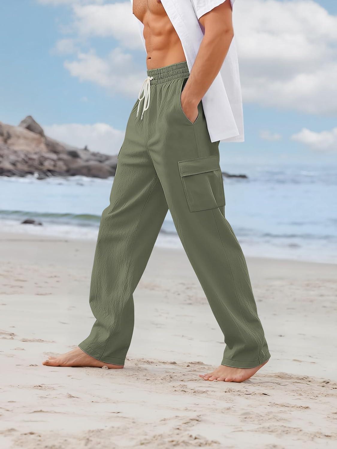 imageMens Linen Pants Casual Cargo Pants with Pockets Lightweight Elastic Waist Drawstring Pants Baggy Beach PantsArmy Green