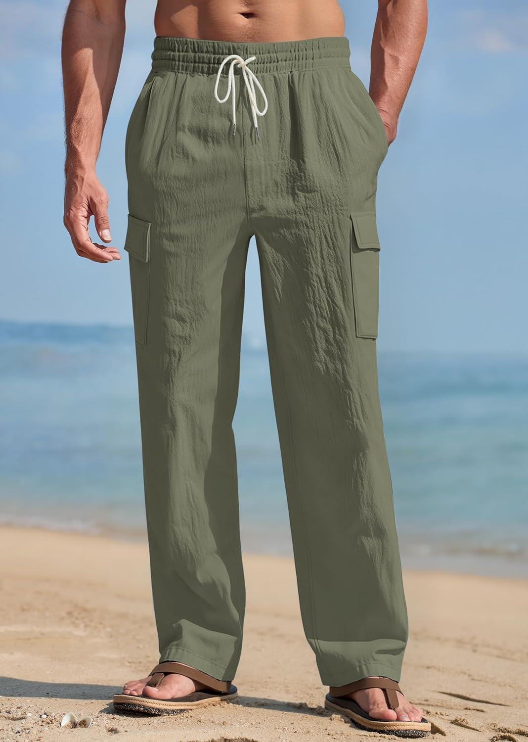 imageMens Linen Pants Casual Cargo Pants with Pockets Lightweight Elastic Waist Drawstring Pants Baggy Beach PantsArmy Green