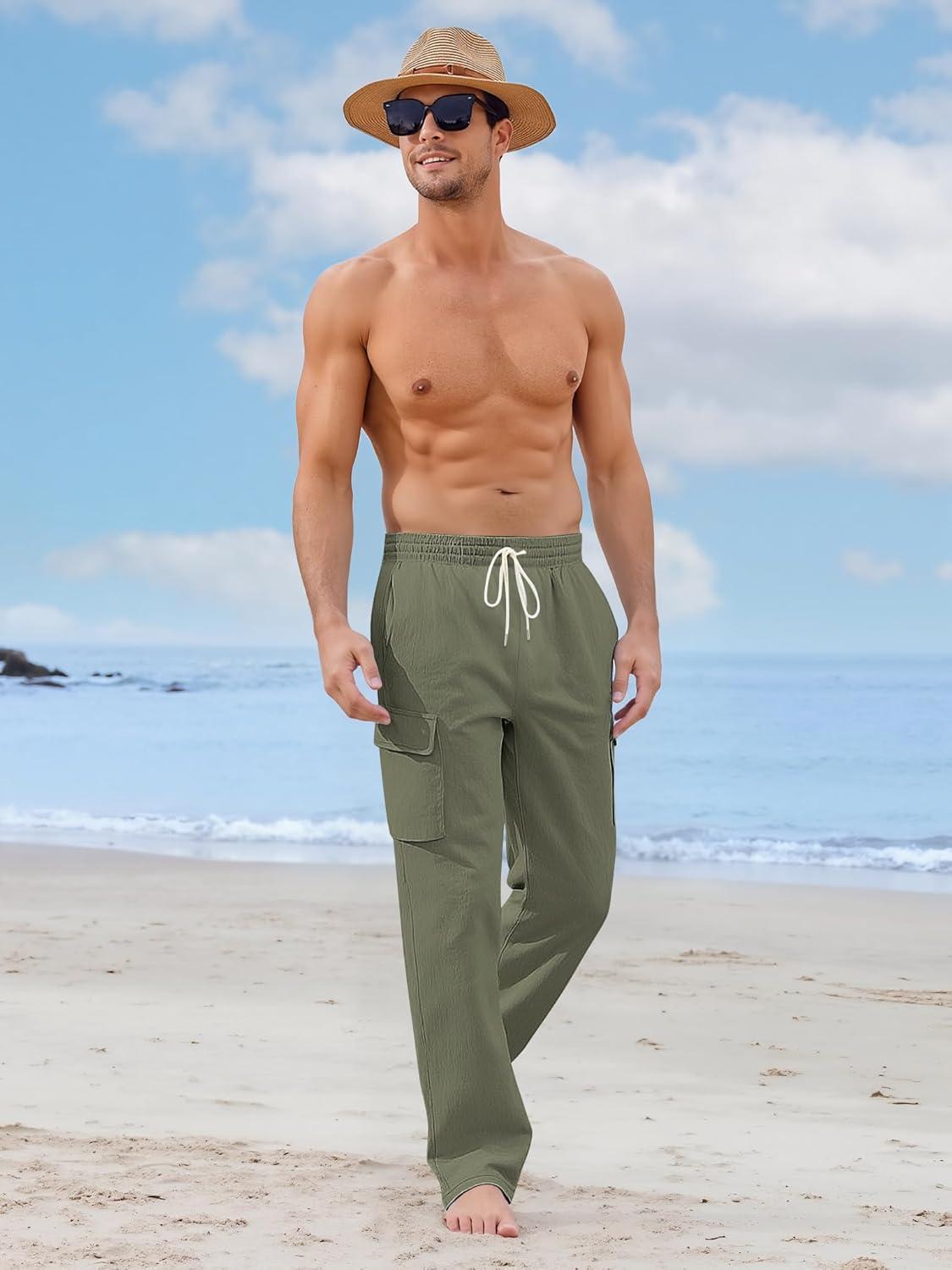 imageMens Linen Pants Casual Cargo Pants with Pockets Lightweight Elastic Waist Drawstring Pants Baggy Beach PantsArmy Green