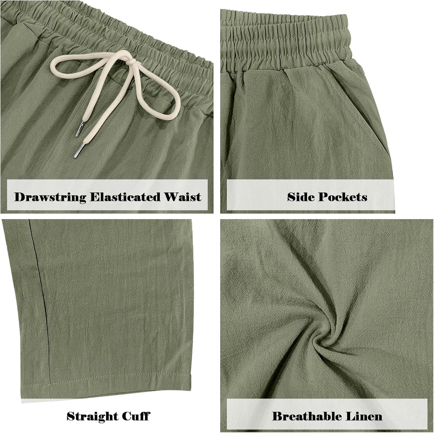 imageMens Linen Pants Casual Cargo Pants with Pockets Lightweight Elastic Waist Drawstring Pants Baggy Beach PantsArmy Green