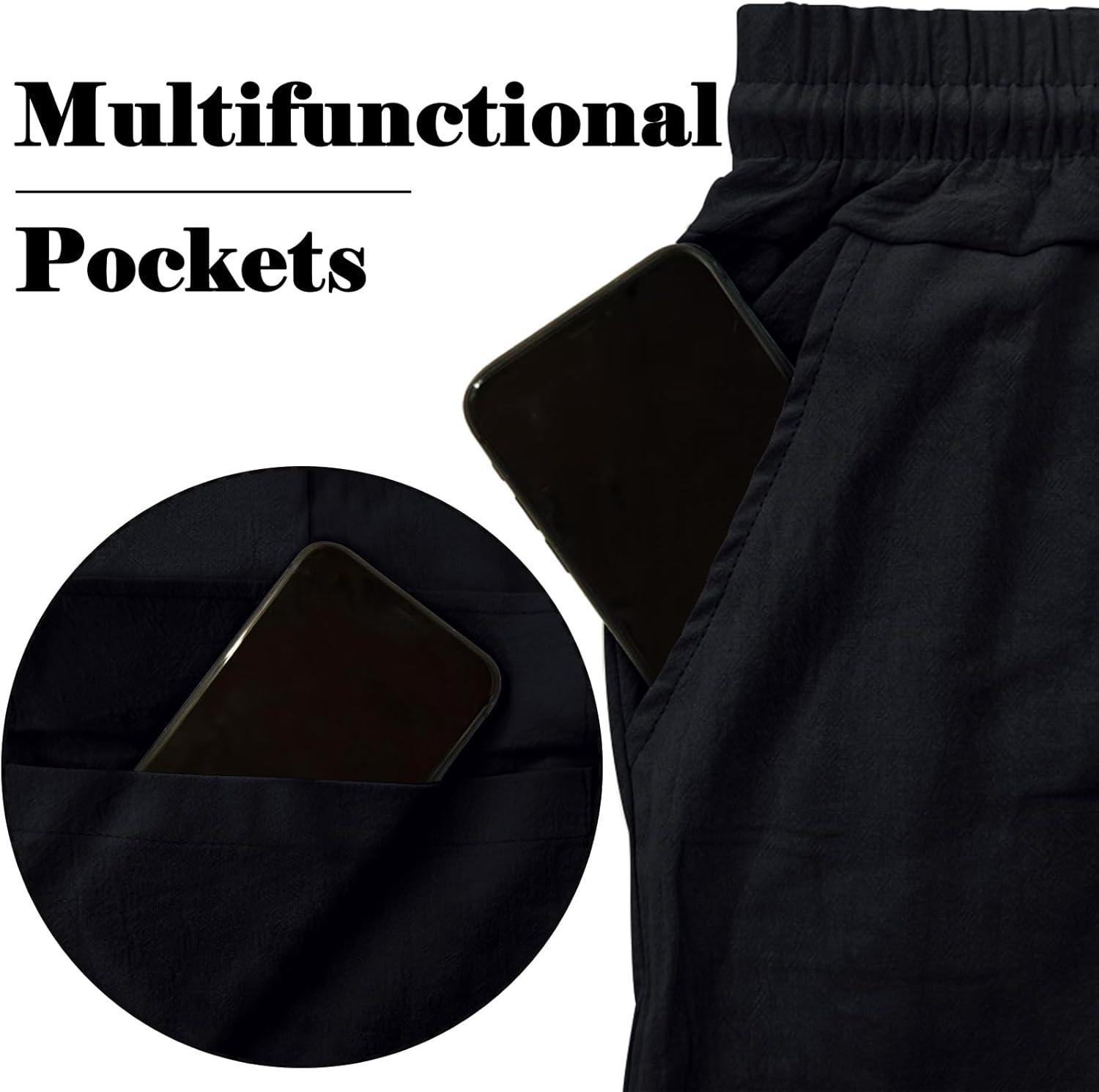 imageMens Linen Pants Casual Cargo Pants with Pockets Lightweight Elastic Waist Drawstring Pants Baggy Beach PantsBlack