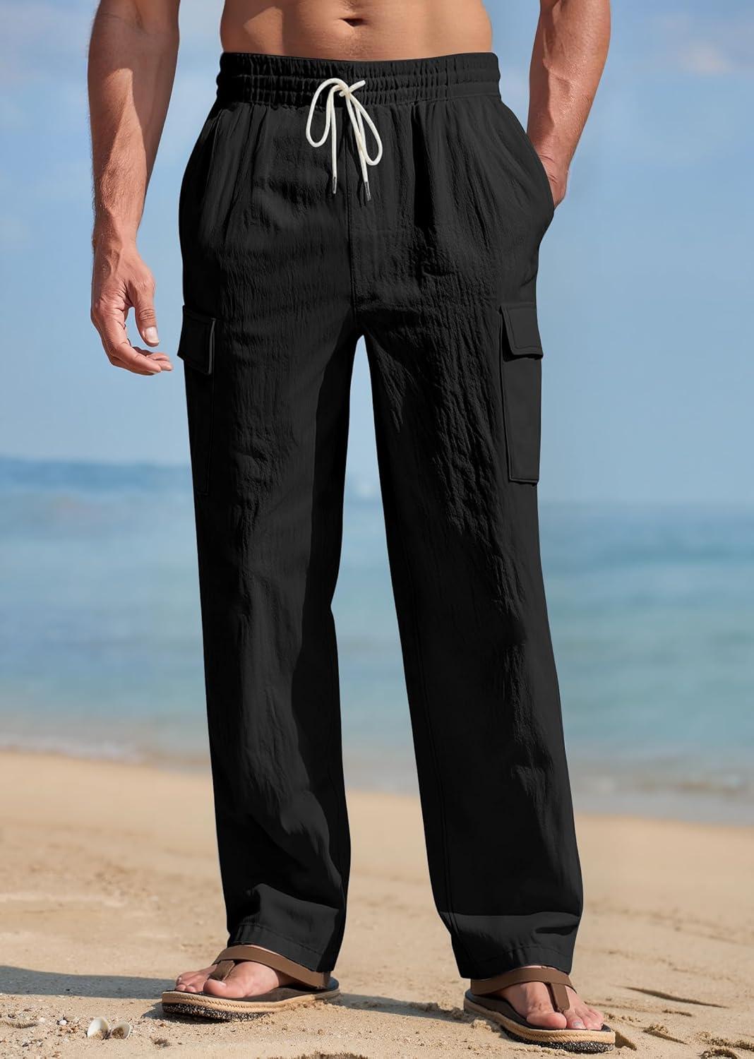 imageMens Linen Pants Casual Cargo Pants with Pockets Lightweight Elastic Waist Drawstring Pants Baggy Beach PantsBlack