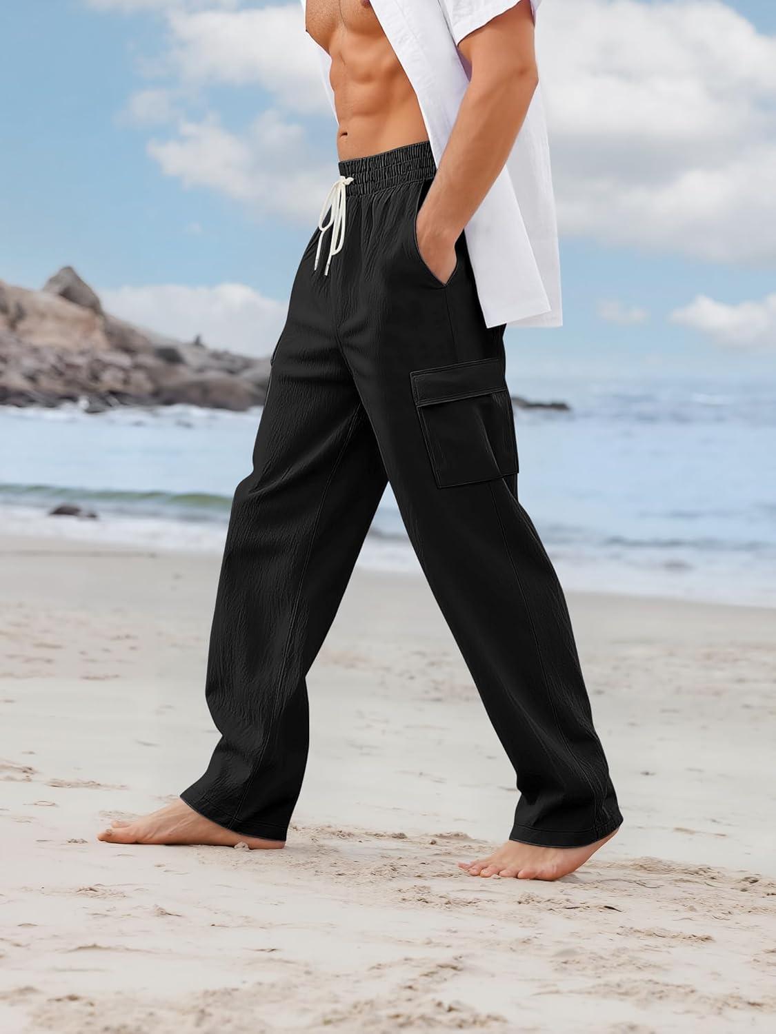 imageMens Linen Pants Casual Cargo Pants with Pockets Lightweight Elastic Waist Drawstring Pants Baggy Beach PantsBlack