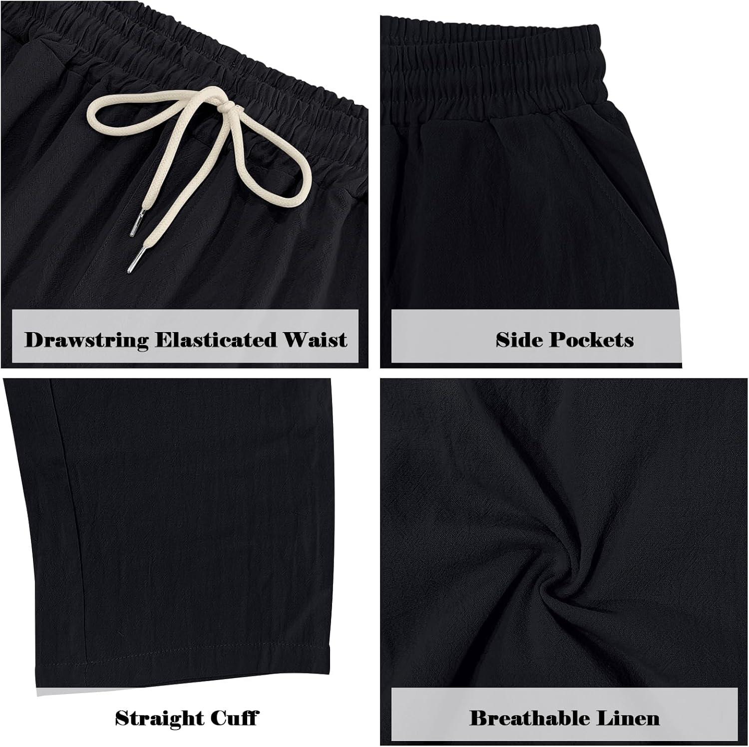 imageMens Linen Pants Casual Cargo Pants with Pockets Lightweight Elastic Waist Drawstring Pants Baggy Beach PantsBlack