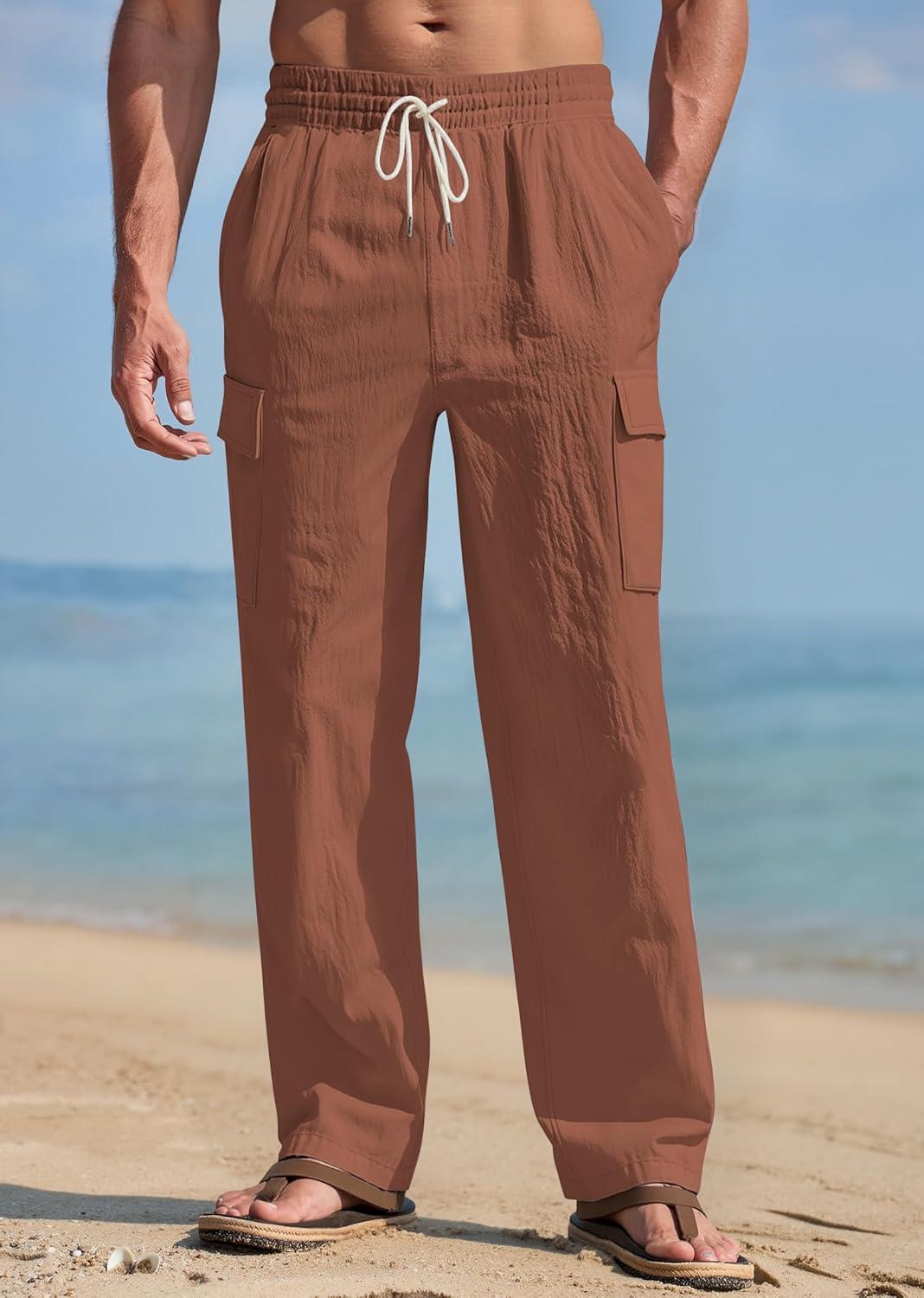 imageMens Linen Pants Casual Cargo Pants with Pockets Lightweight Elastic Waist Drawstring Pants Baggy Beach PantsBrown