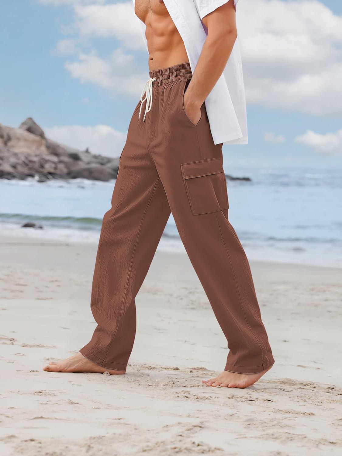 imageMens Linen Pants Casual Cargo Pants with Pockets Lightweight Elastic Waist Drawstring Pants Baggy Beach PantsBrown
