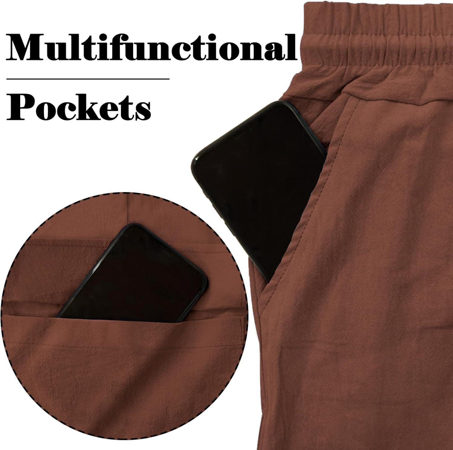 imageMens Linen Pants Casual Cargo Pants with Pockets Lightweight Elastic Waist Drawstring Pants Baggy Beach PantsBrown