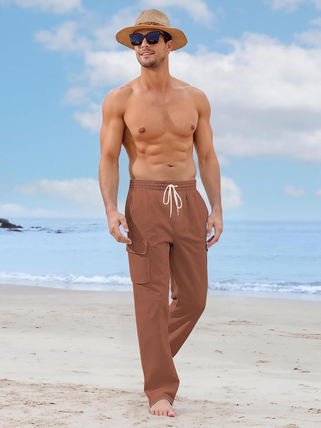 imageMens Linen Pants Casual Cargo Pants with Pockets Lightweight Elastic Waist Drawstring Pants Baggy Beach PantsBrown